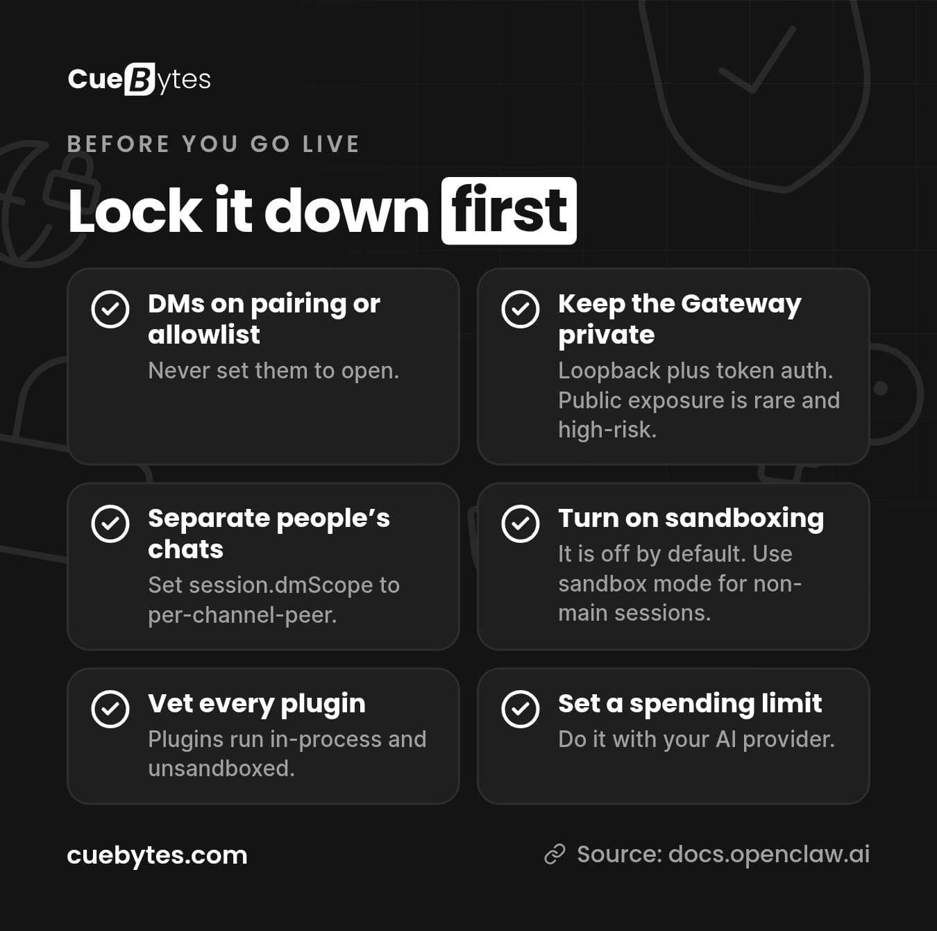 OpenClaw security checklist: pairing or allowlist for DMs, a private Gateway, separate chats per person, sandboxing, vetted plugins and a spending limit